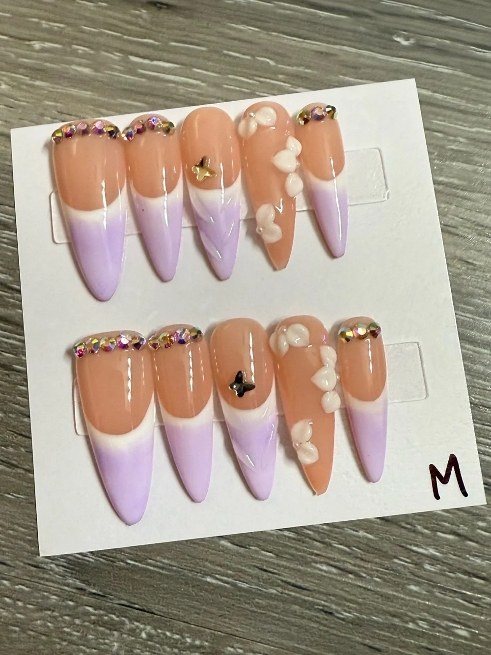 Lavender Ombre Press-On Nails with Rhinestones and 3D Accents